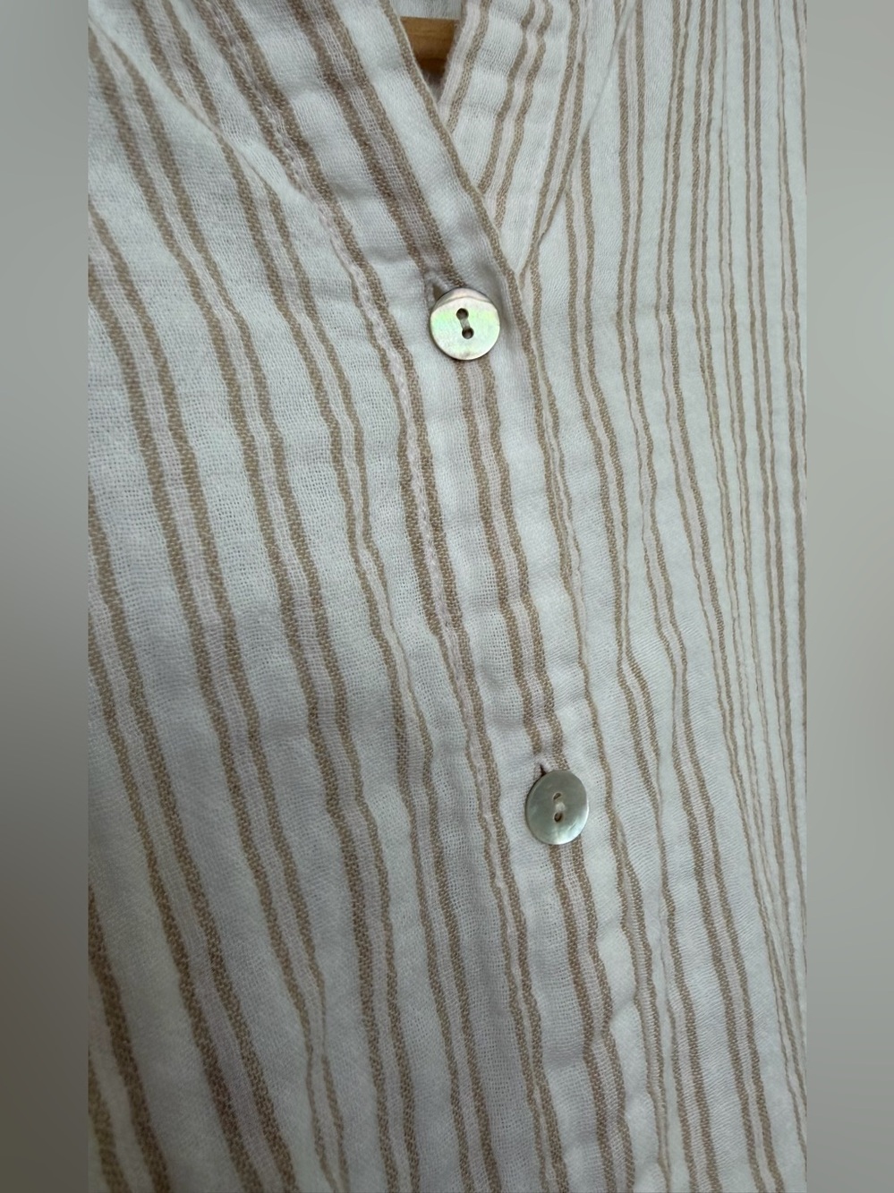 Eileen Fisher (M) Organic Cotton Mandarin Collar 3/4 sleeve Neutral Oat Stripe - Picture 5 of 10